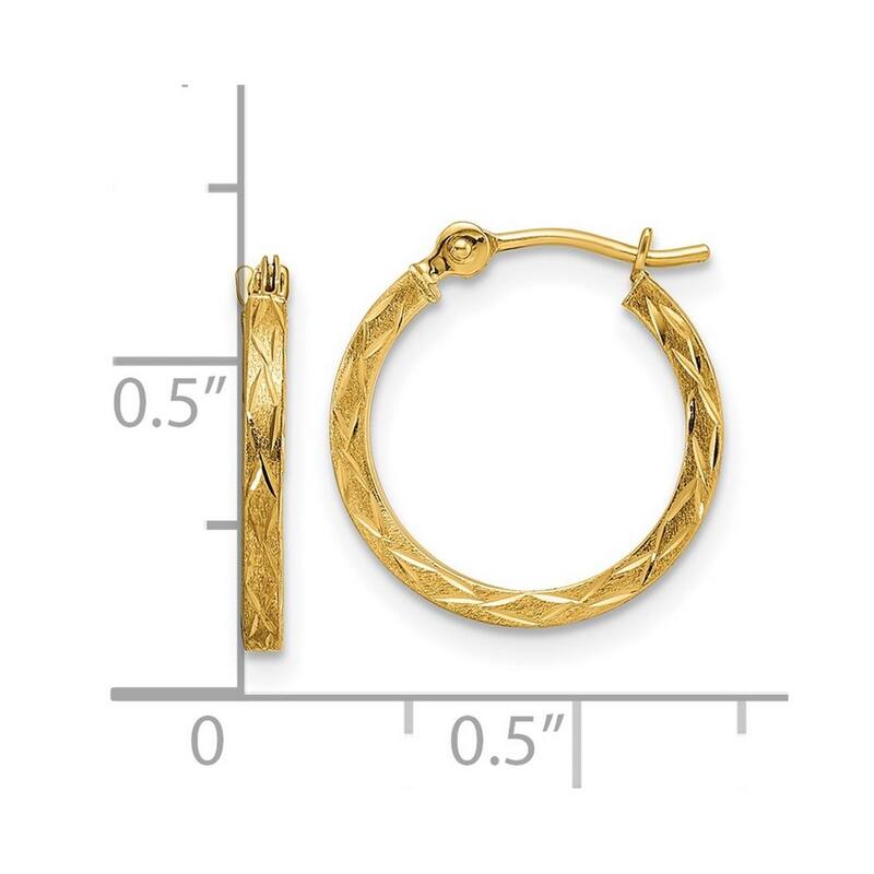 Curata 14k Yellow Gold and Satin Sparkle Cut Hoop Earrings - 15.28x1.5 mm