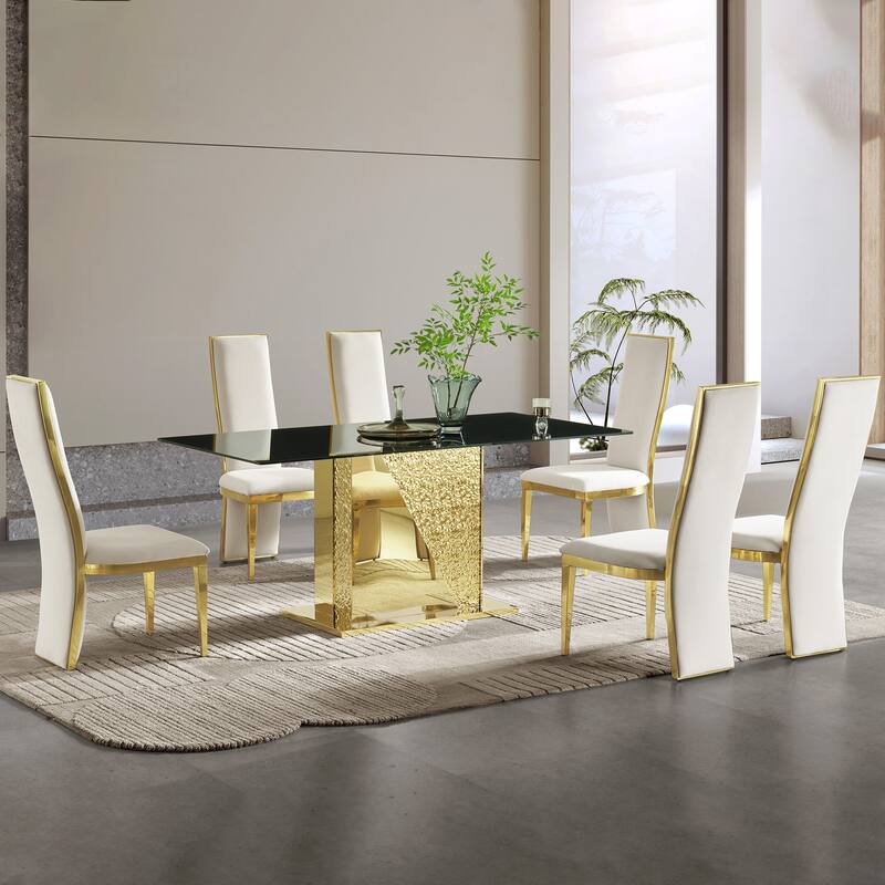 Gold stainless steel legs dining table 70.08 inch black tempered glass top
