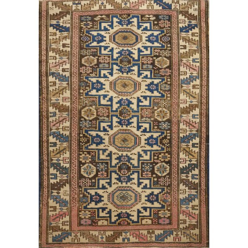 Hand Knotted Oriental 100% Wool Carpet Traditional Geometric Beige & Ivories Kazak Area Rug - 3' 9'' X 3' 0''