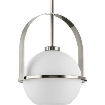 Delayne Collection One-Light Mid-Century Modern Brushed Nickel Etched Opal Glass Pendant Light - 9.37 in x 9.37 in x 12.37 in