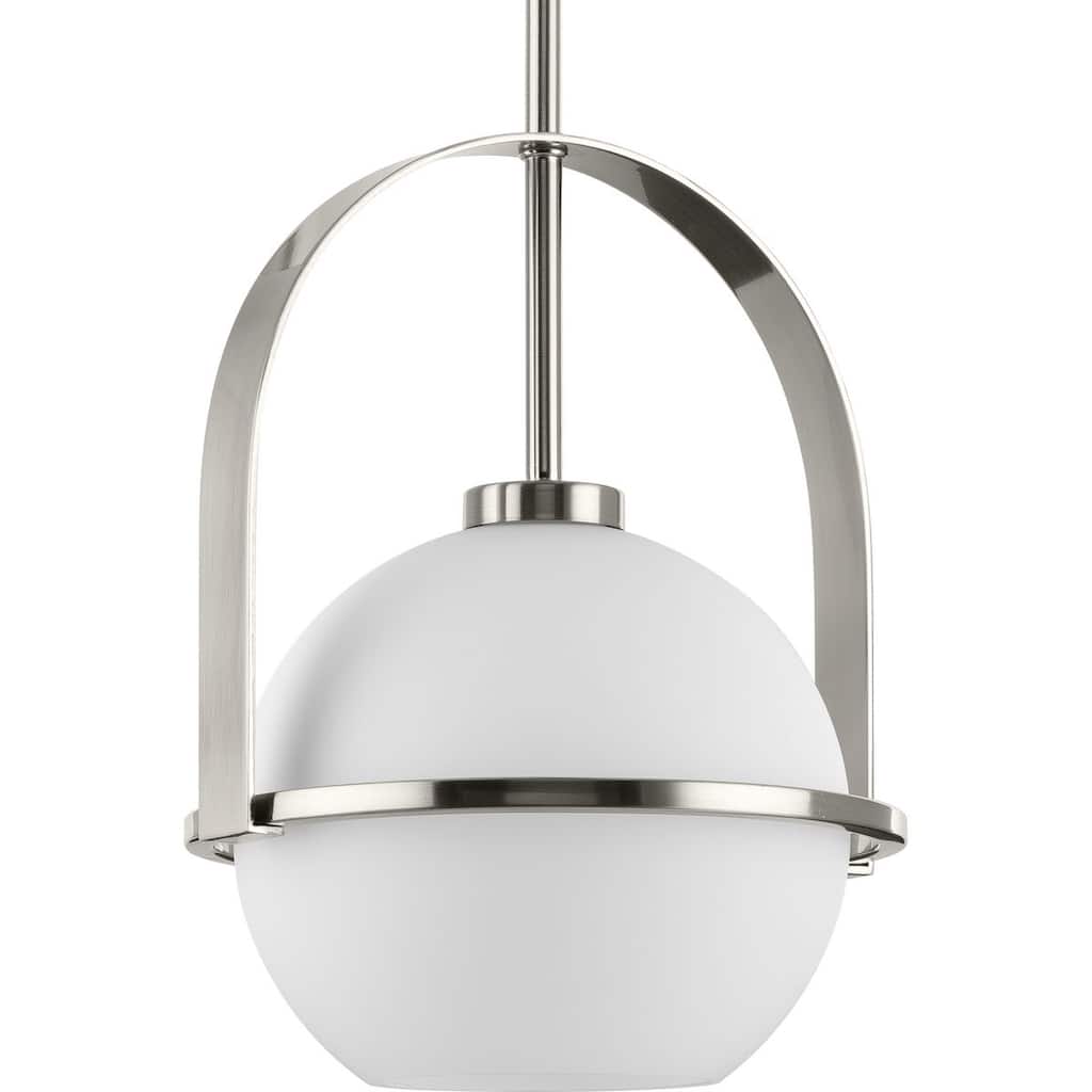 Delayne Collection One-Light Mid-Century Modern Brushed Nickel Etched Opal Glass Pendant Light - 9.37 in x 9.37 in x 12.37 in