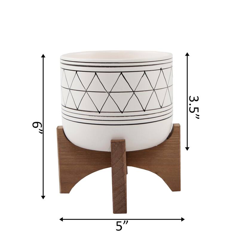 5-in. White/Goldtone Geometric Ceramic/Wood Planter