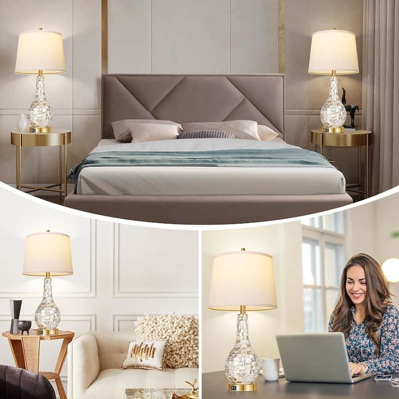 Modern Coastal Style Bedside Table Lamp with USB Port, 2700K LED Bulb (Set of 2)