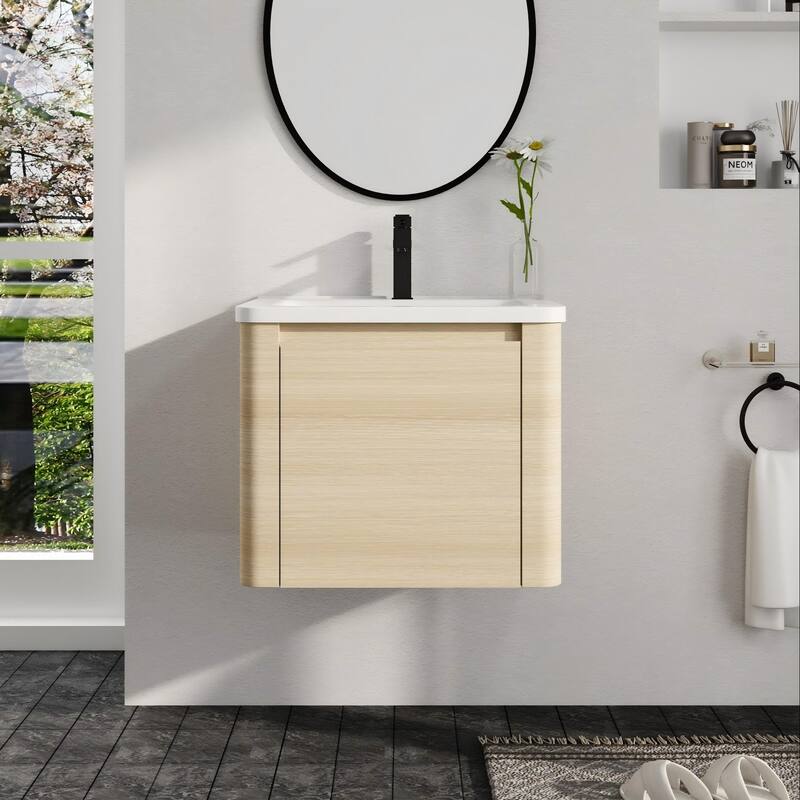 Malwee 24"/36"/48"/60" Floating Bathroom Vanity, Wall Mounted Bathroom Vanity with Ceramic Sink,Soft Close Door and Shelf - 24.0"×18.8"×20.0"