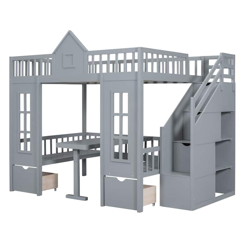 Full Size Wooden Loft Bunk Bed with Table, Seats, and Storage Shelves