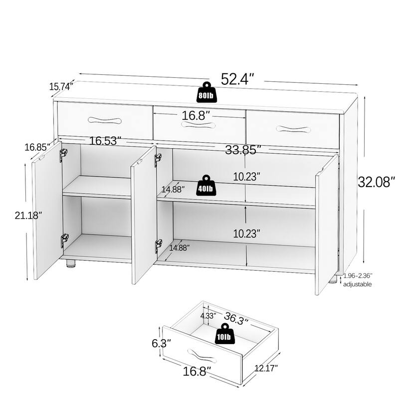 Spacious Storage Cabinet with Metal Drawer Slides, 3 Doors and Shelving for Living Room and Bedroom