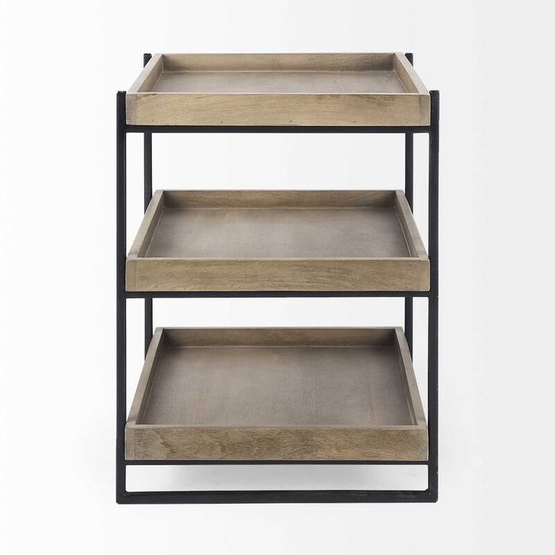 Brown Solid Wood Square End Table with Abstract Metal Base and 2 Shelves - 20” x 20” x 26” (D x W x H)