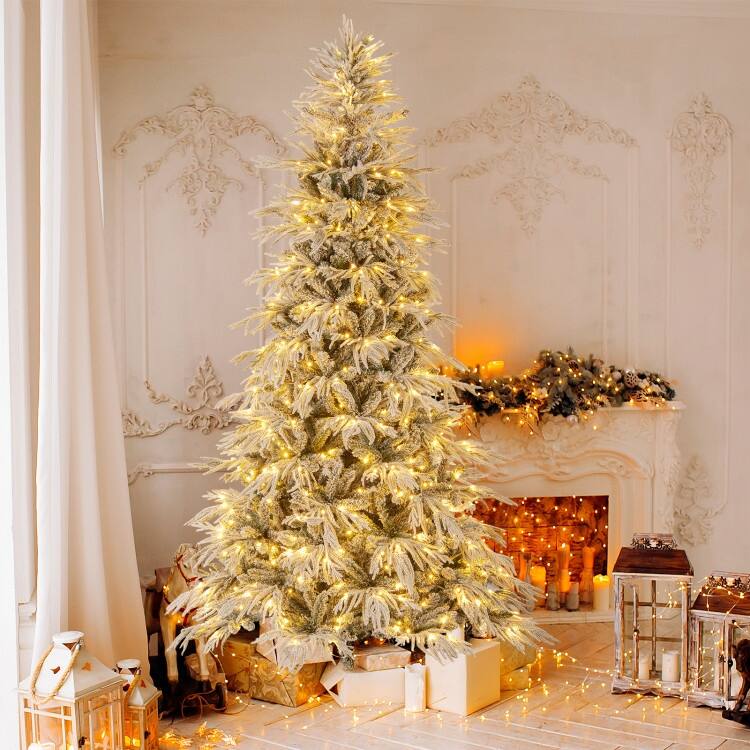Pre Lit Snow Flocked Artificial Christmas Tree with Warm White LED Lights and Metal Stand
