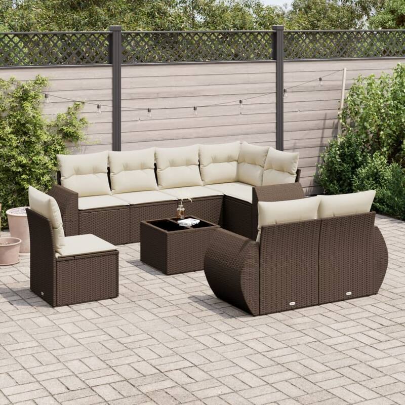 vidaXL Patio Sofa Set with Cushions Outdoor Furniture 9 Piece Poly Rattan - Brown with table - 21.7 x 21.7 x 14.6