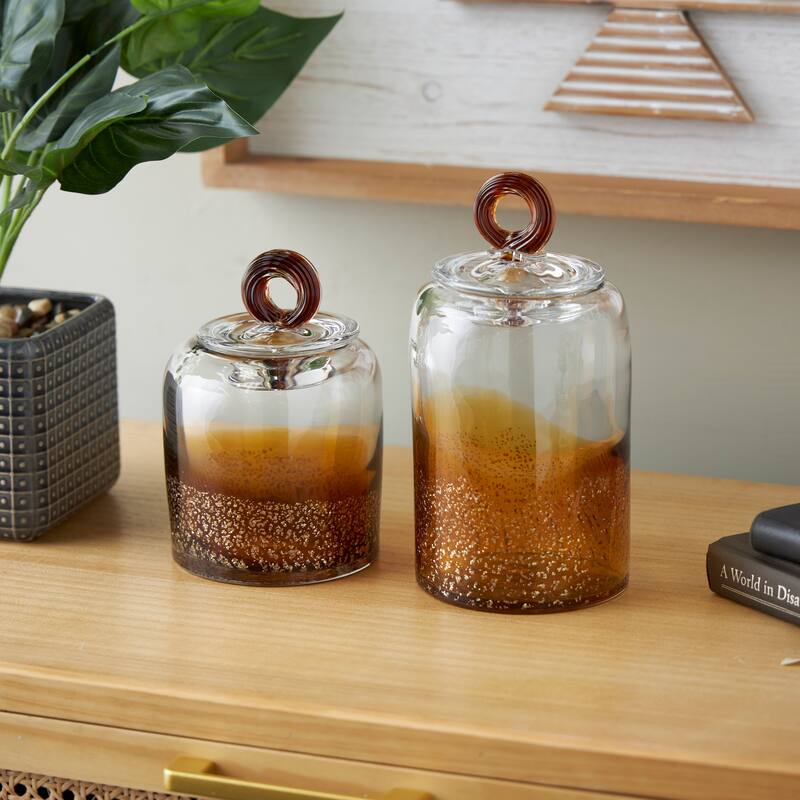Brown or Blue Glass Handmade Decorative Jars with Gold Flake Details and Ring Lids (Set of 2) - Brown