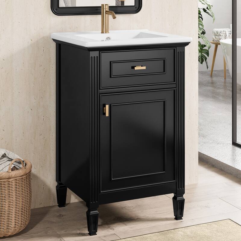 20" Freestanding Bathroom Vanity with Sink, Solid Wood Legs, Adjustable Shelf & Tilt-Out Drawer, Perfect for Tiny Bathrooms