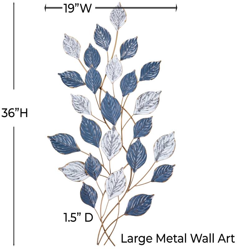 Green White Vertical 3D Leaf Metal Wall Art 36x19 Textured Iron Decor