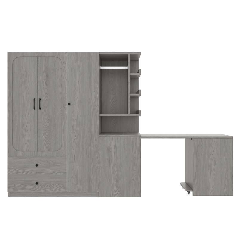 2-Door Wardrobe with Convertible Desk, Multiple Drawers & Hanging Storage