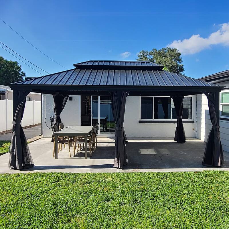 PURPLE LEAF Outdoor Galvanized Steel Hardtop Gazebo, Aluminum Frame Gazebo With Curtains