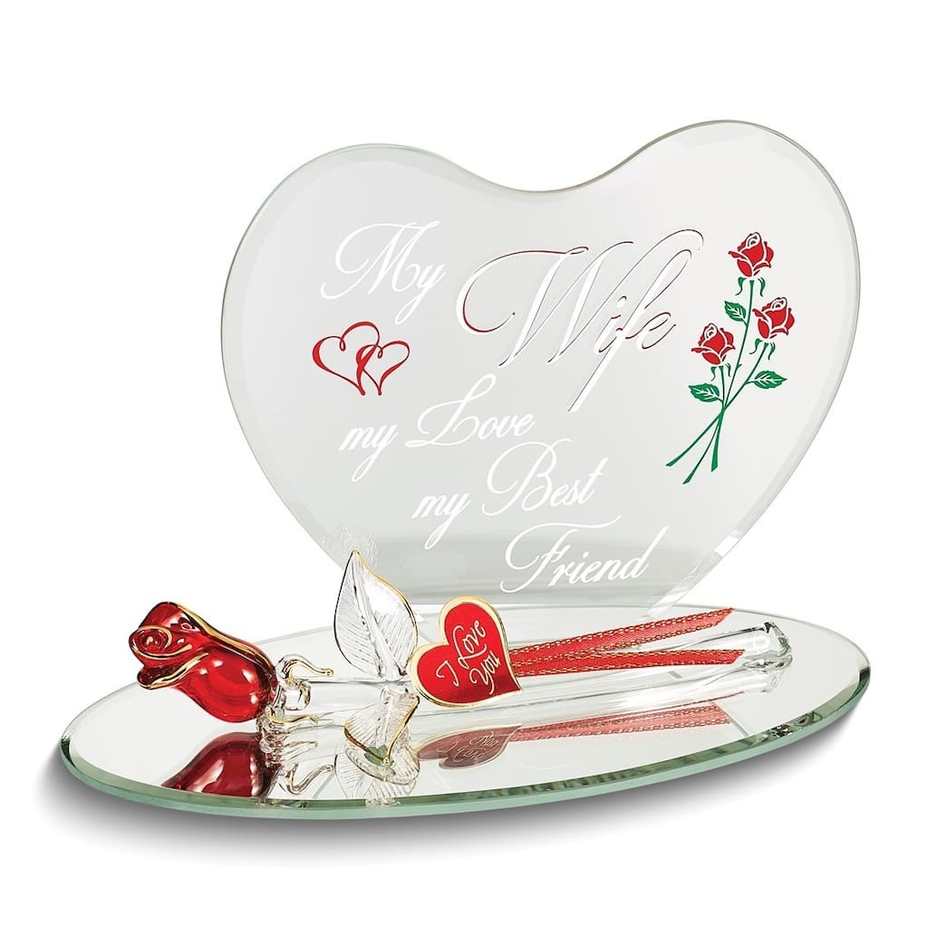 Curata My Wife My Love My Best Friend Heart with Red Rose Handcrafted Glass Figurine