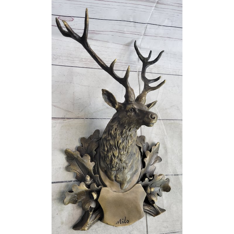 Deer Buck Stag Wall Mounted Bust Head Coat Of Arms Plaque Bronze Metal Sculpture