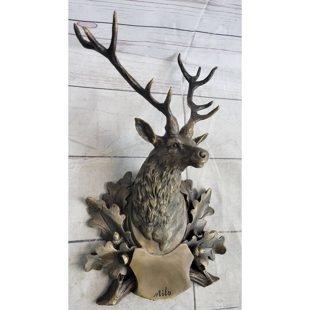 Deer Buck Stag Wall Mounted Bust Head Coat Of Arms Plaque Bronze Metal Sculpture