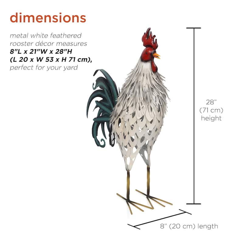 Metal White Feathered Rooster Decor