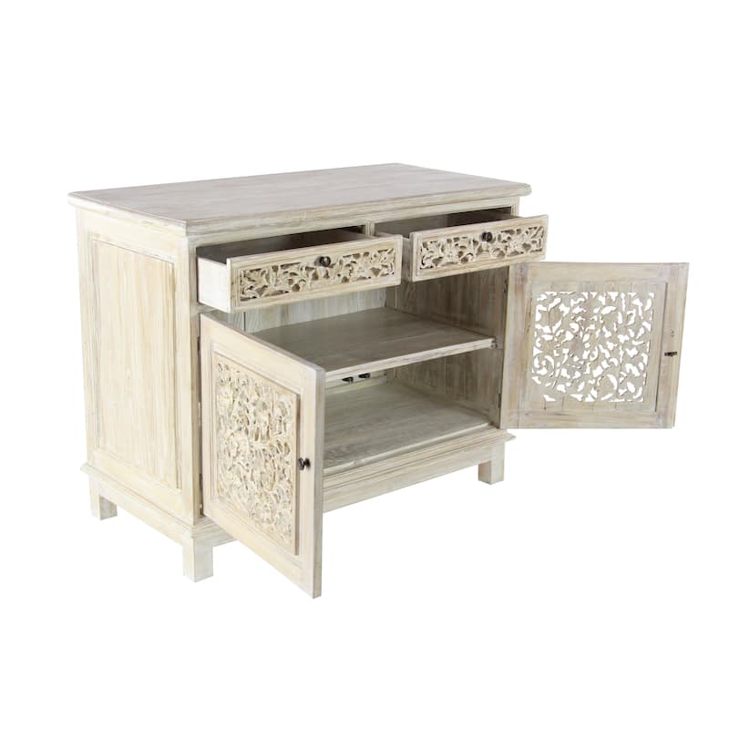 Wood Floral Intricately Carved 2 Door and 2 Drawer Cabinet - White - Roche River Decor - 20"Wx39"Lx32"H