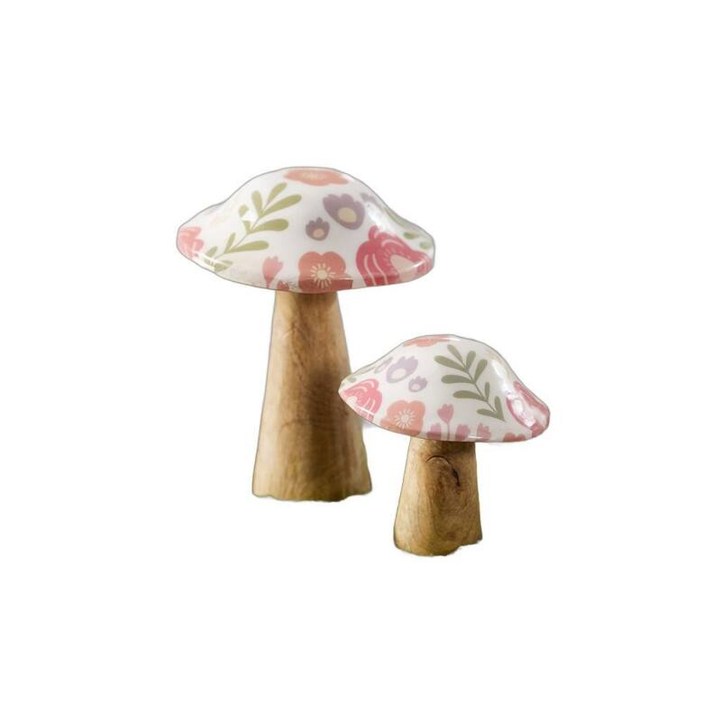 HomeRoots Set of Two Brown Pink And Green Wood Mushroom Tabletop Sculptures - 5.50 in. x 6.50 in. x 5.50 in.