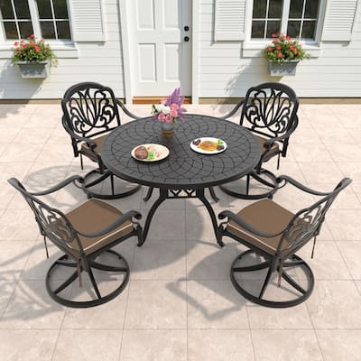 5-Piece Aluminum Round Outdoor Patio Dining Set, 4 Cushioned Swivel Chairs, Table, All-Weather Frames