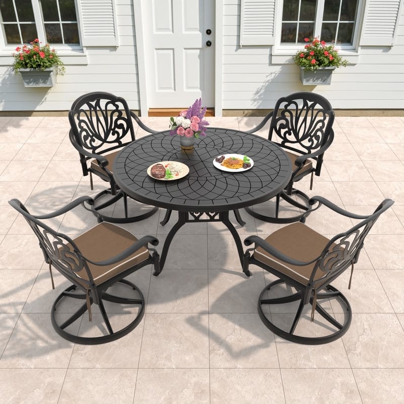 5-Piece Aluminum Round Outdoor Patio Dining Set, 4 Cushioned Swivel Chairs, Table, All-Weather Frames