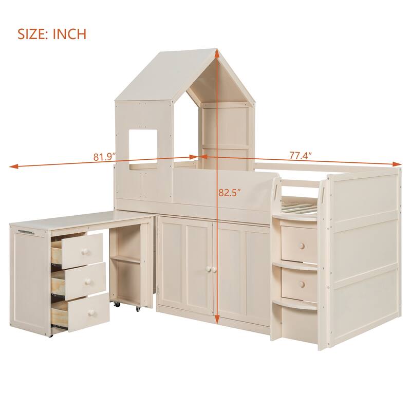 Twin Wood Loft Bed with Desk, Drawers & Cabinets, Space-Saving Design