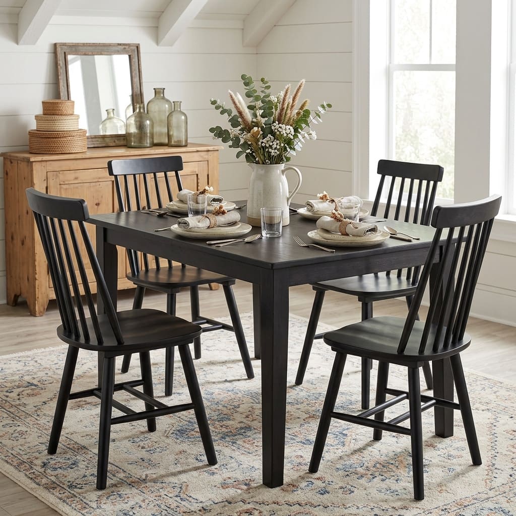 HomeRoots Set of Four Black Solid Wood Windsor Back Dining Side Chairs - 17.50 in. x 36.00 in. x 18.00 in.