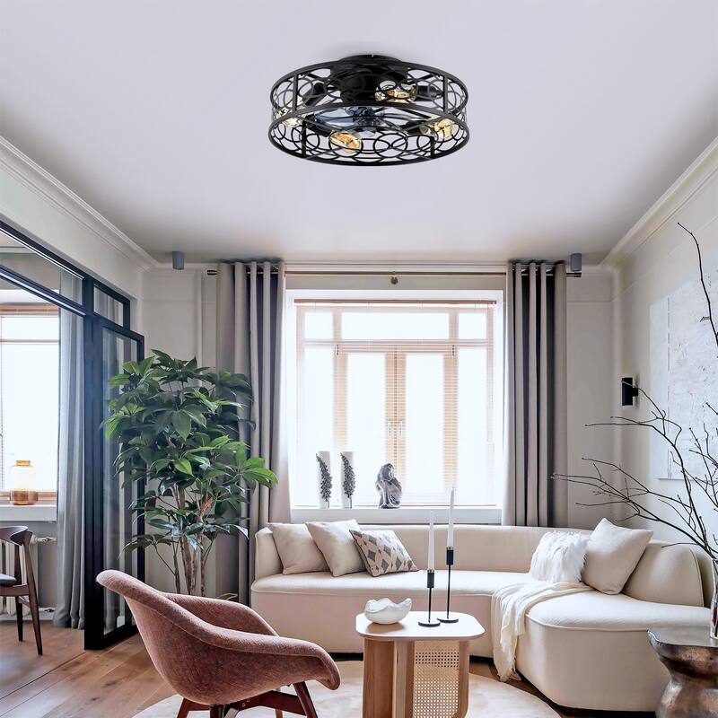 20" Low Profile Caged Ceiling Fans with Lights and Remote, Farmhouse Flush Mount Ceiling Fan with 6 Speeds Reversible Motor