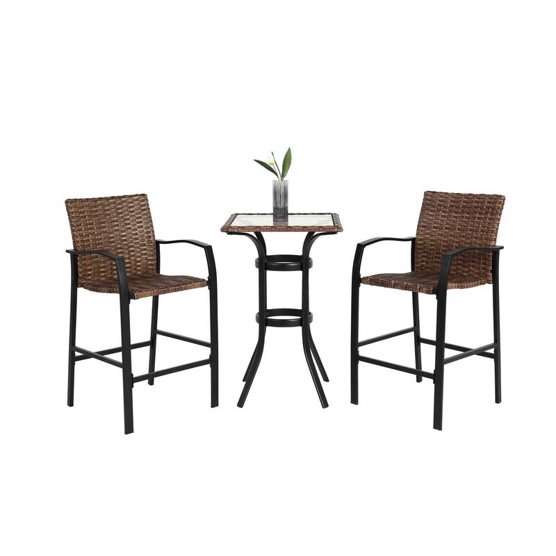 3 Pieces Outdoor Bar Stools Set,Rattan Bar Chairs,with glass table top, Wicker Bar Stools for Backyard, Garden, Pool, Ba - Brown