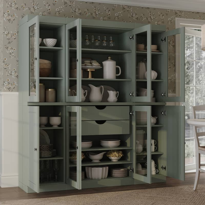 Palace Imports 100% Solid Wood Kitchen China Cabinet Pantry with Glass or Solid Wood Doors and 2-Drawer Kit - 65" x 71.5" - Sage - 6 Clear Glass-2 Solid