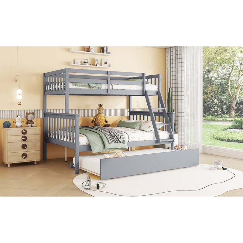 Roomfitters Twin Over Full Rubber Wood Bunk Bed with Trundle, Detachable Convertible Bunk Bed with Ladder and Guardrails