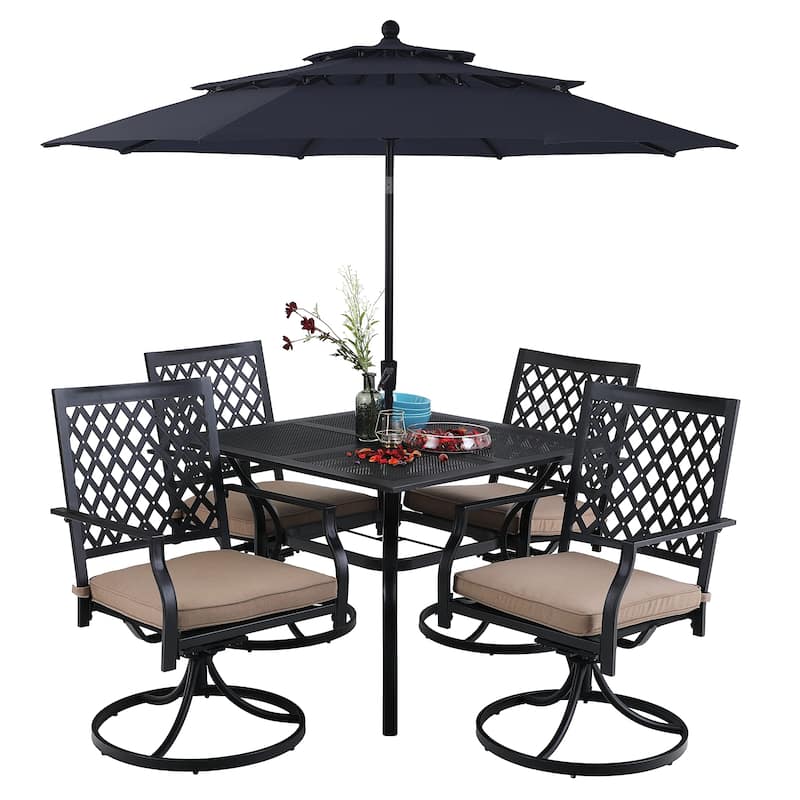 MAISON ARTS 6-Piece Metal Patio Dining Set: 4 Swivel Chairs, 1 Steel Frame Square 37" Table and 1x10ft 3-Tier Red Umbrella - MeshTable-Blue