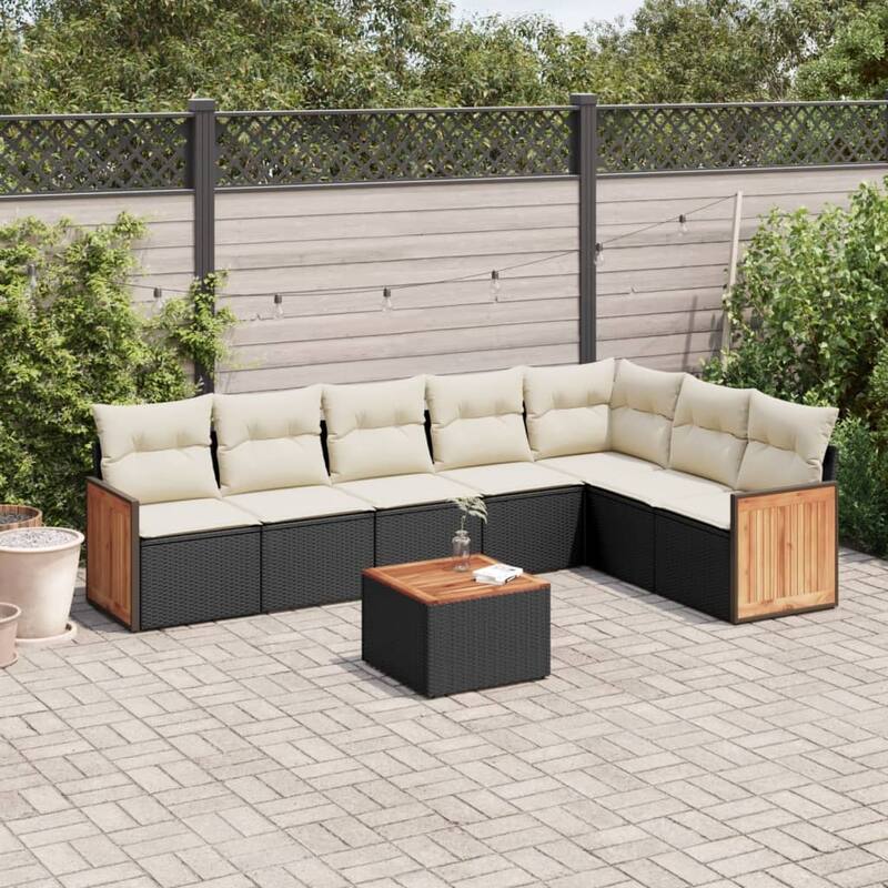 vidaXL Patio Sofa Set with Cushions Outdoor Conversation Furniture Poly Rattan - Black and Cream-With table - 21.7 x 21.7 x 14.6
