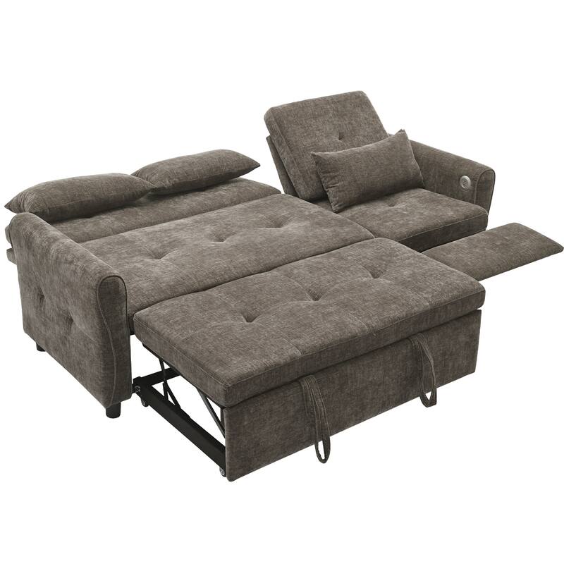 82" Chenille 2-in-1 Sofa Bed with Adjustable Backrest, Reversible Chaise, USB Charging Ports
