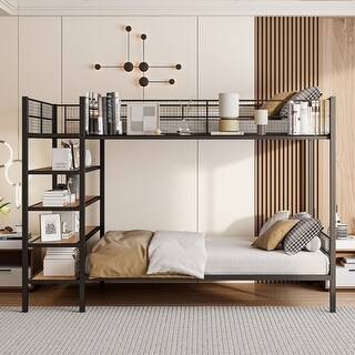 Twin Over Full Metal Bunk Bed with 5-Tier Shelves, Heavy Duty Bunk Bed Frame with Built-In Stairs & Mesh Guardrails