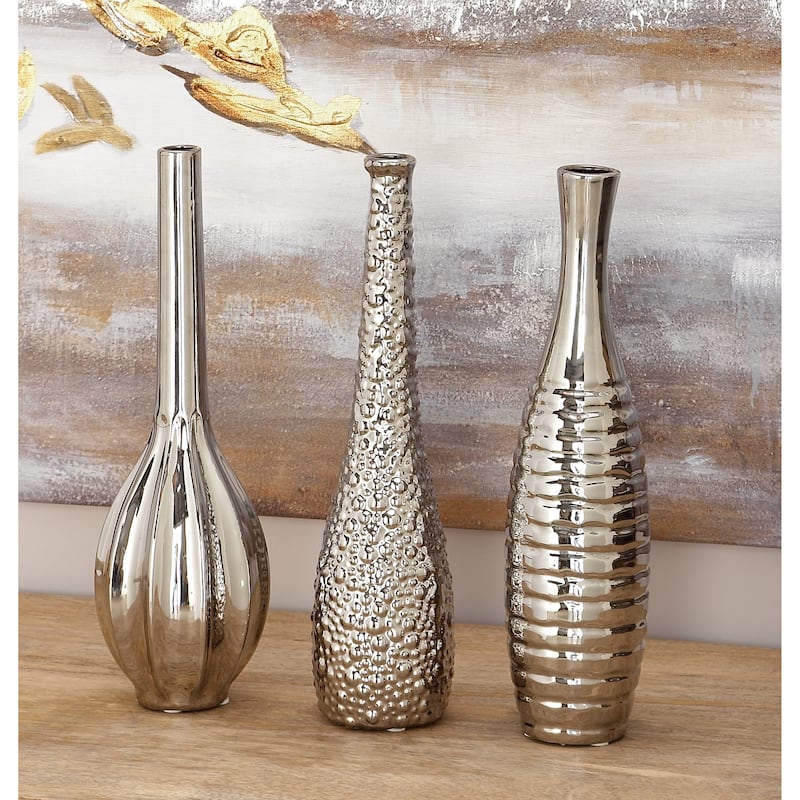 Ceramic Slim Textured Bottleneck Vase with Varying Patterns - Set of 3 Silver, Gold, White - Roche River Decor