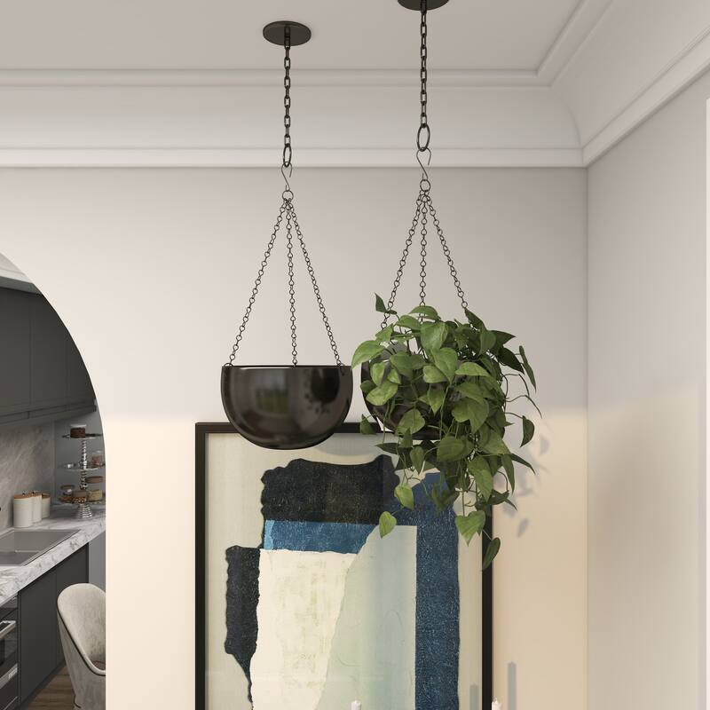 Black, Gold or Silver Metal Indoor Outdoor Hanging Dome Wall Planter with Chain (Set of 2)