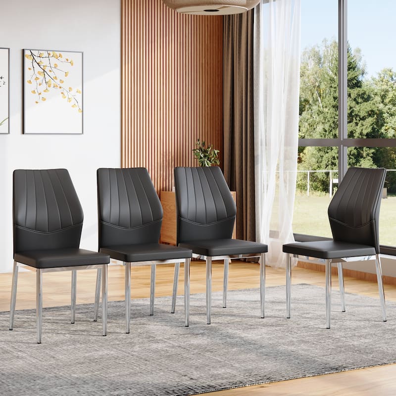 Faux Leather Dining Chairs Set, Modern Kitchen & Dining Room Chairs, Upholstered Faux Leather Side Chairs with Metal Legs - Black Silver - Set of 4