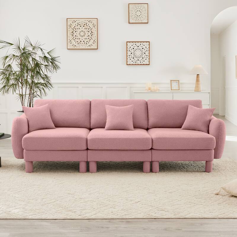 109.4" 3-Seater Modern Upholstered Sofa Couch, Deep-Seat Sectional Sofa with Shell-Shaped Armrests, Leisure Sofa for Living Room - Pink- 3-Seater