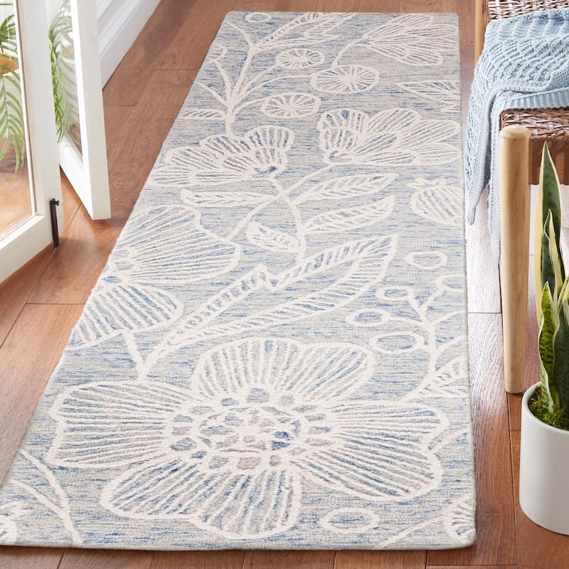 SAFAVIEH Handmade Jardin Mevlija Floral Wool Rug - 2'3" x 8' Runner - Blue/Ivory - Runner