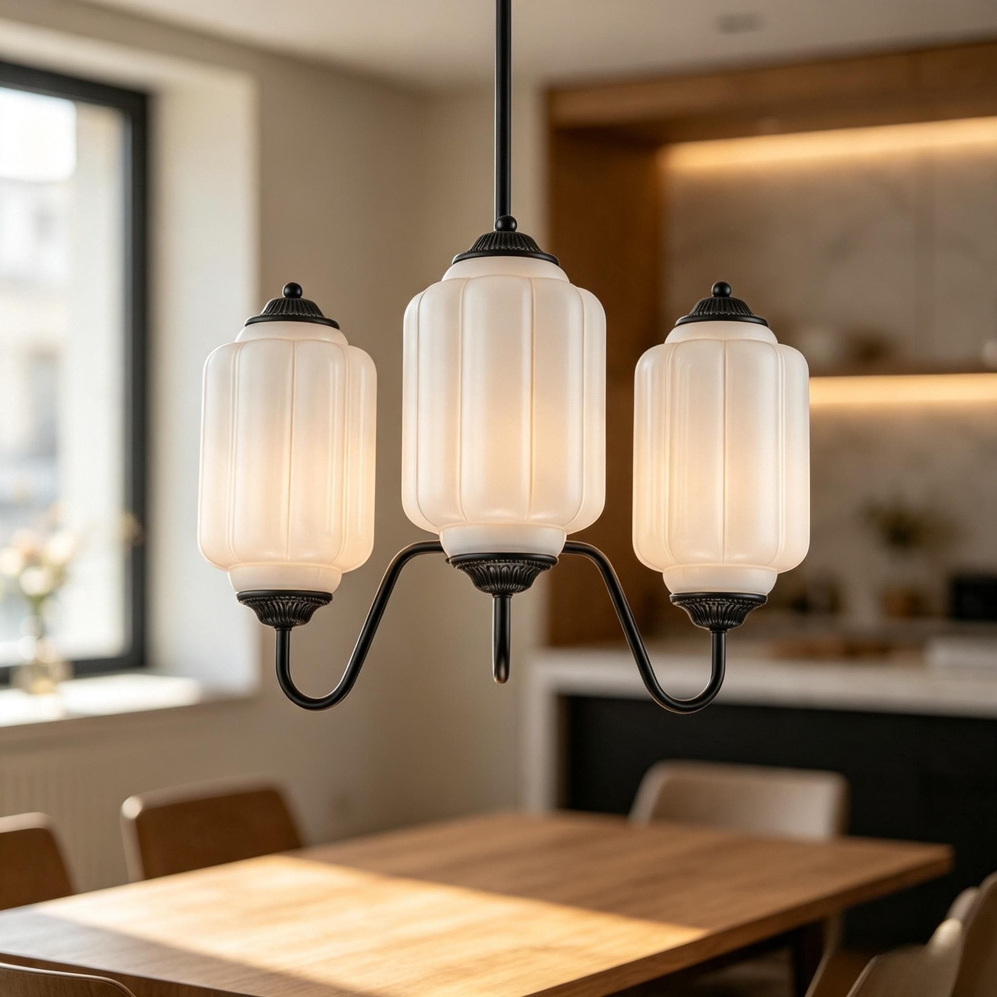 Rennnsan 3-Light Farmhouse Matte Black Adjustable Height Opal Glass Pendant Light for Dining Room - 18.9 in. W x 13 in. H