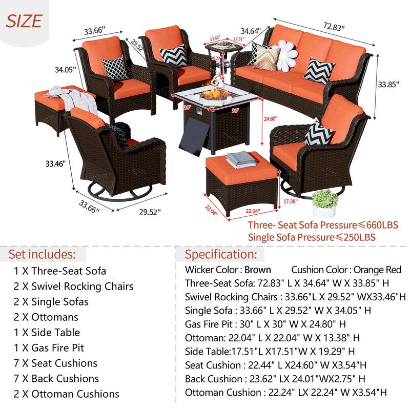 OVIOS 9-piece Patio Wicker Swivel Chair Set With 30" Fire Pit