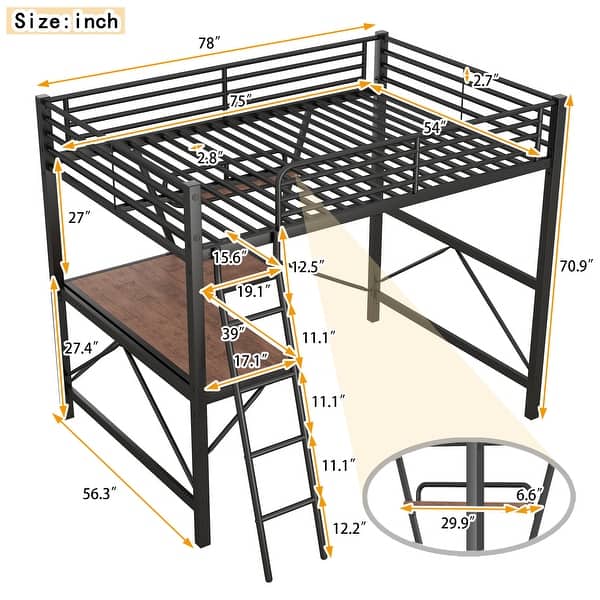 dimension image slide 1 of 2, Sturdy Full Size Metal Loft Bed with Integrated Desk and Shelf - Enhanced Functionality and Space Efficiency