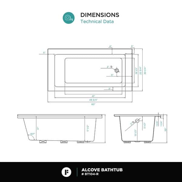 dimension image slide 2 of 6, Fine Fixtures Tile-In White Fiberglass/Acrylic Soaking Bathtub with Built-in Tile Flange