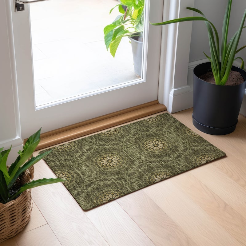 Machine Washable Indoor/ Outdoor Chantille Boho Global Rug - Olive - 1'8" x 2'6"
