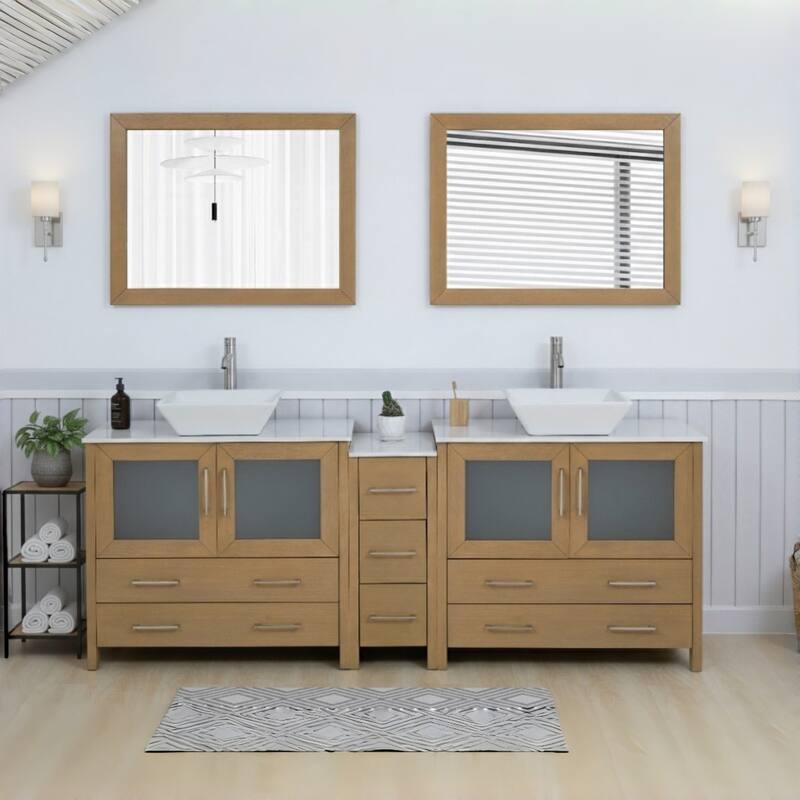 Vanity Art 84" Double Sink Bathroom Vanity Set with Engineered Marble Top and Free Mirrors - Natural Oak