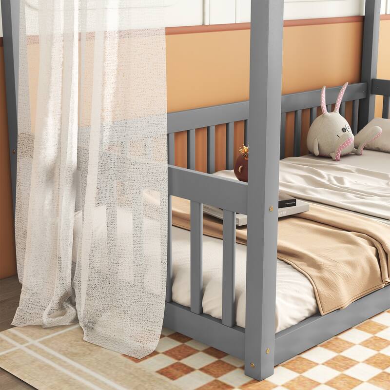 Twin Size Canopy Frame Floor Bed with Fence and Guardrails in Grey