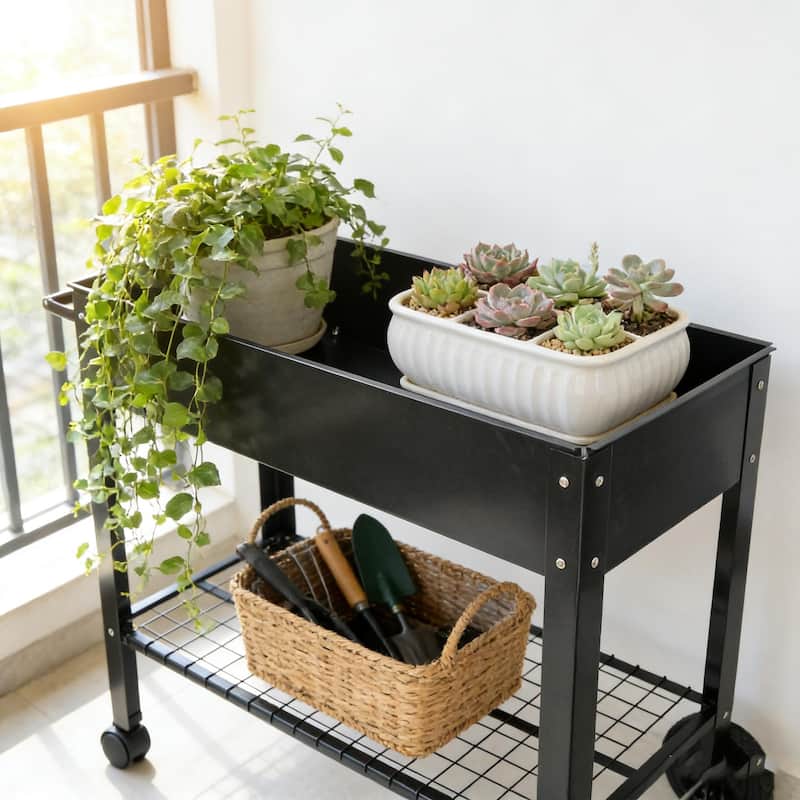 Anmytek Black Mobile Raised Garden Bed Cart with Storage Shelf Rolling Metal Planter Station with Large Wheels for Patio Balcony