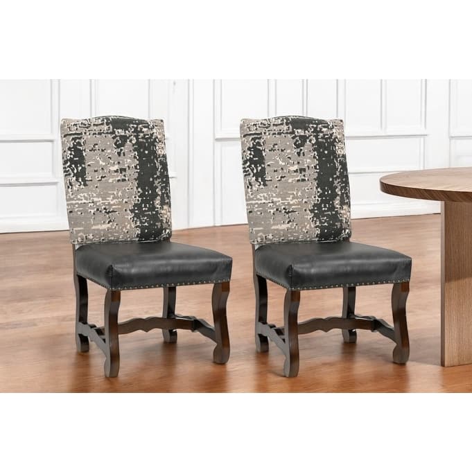 HomeRoots Set of Two Black Gray And Dark Brown Solid Wood Upholstered Chenille And Leather Dining Side Chairs